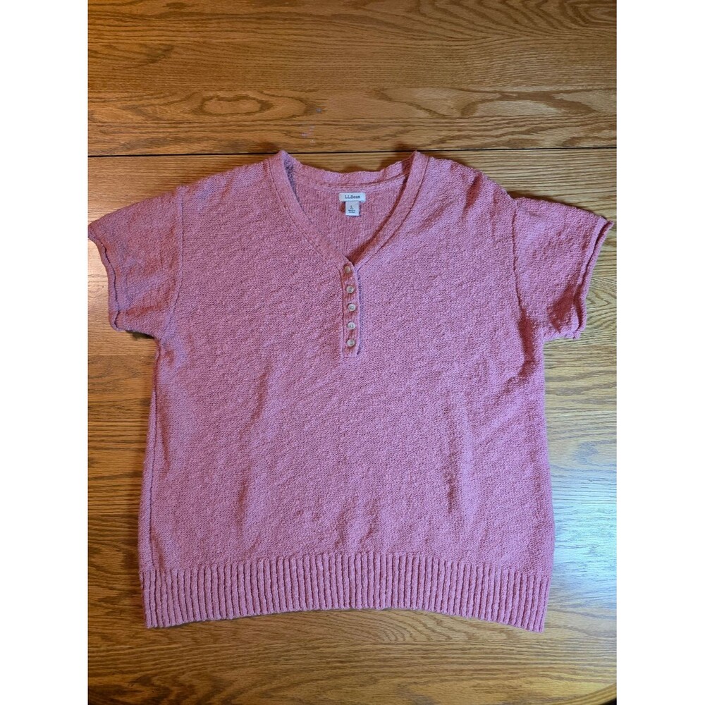 L.L.Bean Women’s Pink Cotton Short Sleeve Henley Sweater Size Large